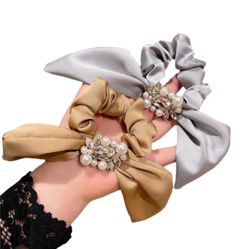Korean Solid Fabric Pearl Rhinestone Bow Knot Scrunchies Hair Tie Elastic Band Ring Cute Girl Head Rope Rubber